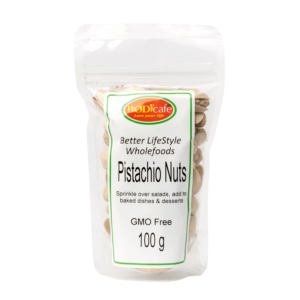 Pistachio Nuts 100g | Pistachios (R51.06) can be added to nut mixes, salads, or can be roasted and sprinkled over baked goods. Health benefits: Low-calorie snack, Rich in antioxidants, Contain fibre for digestive health and Good source of essential amino acids.